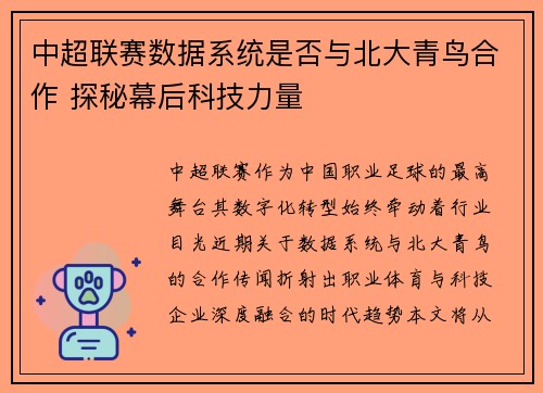 中超联赛数据系统是否与北大青鸟合作 探秘幕后科技力量