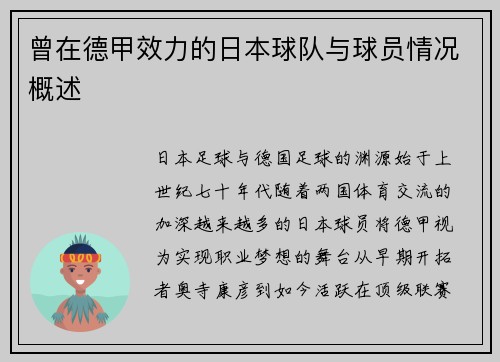 曾在德甲效力的日本球队与球员情况概述
